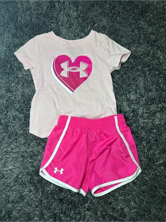 Under Armour Pink Heart Logo Tee with Hot Pink Athletic Shorts