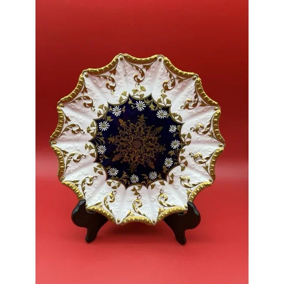 RARE Antique Cabinet Plate AYNSLEY 3528 Gold Gilded Cobalt Blue Scalloped Rim