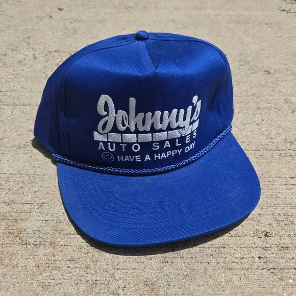 VTG Happy Day Johnny Auto Sales Hat Blue Mens OSFA Rope Snapback Trucker Graphic