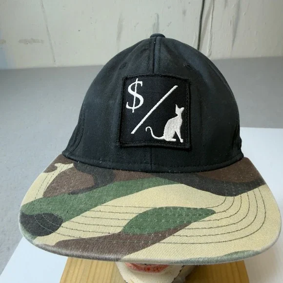 Black Snapback Hat Camo Brim Dollar Cat Patch Adjustable, Summer,Ball cap,Spring