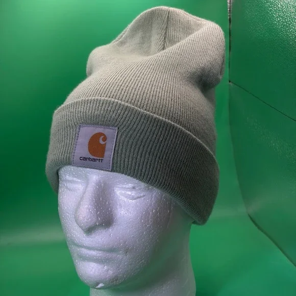 Carhartt A18 Cuffed Knit Beanie Hat Sage Green Acrylic Watch Cap Logo Patch EUC