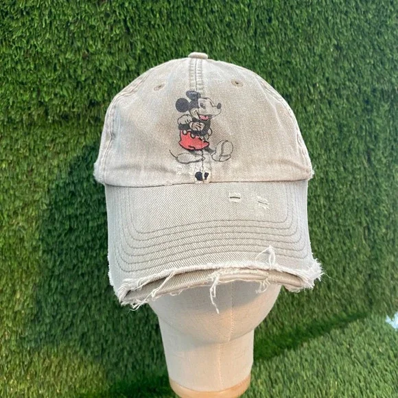 Mickey Mouse Disney Baseball Cap Beige OS Distressed Embroidered Slideback Hat