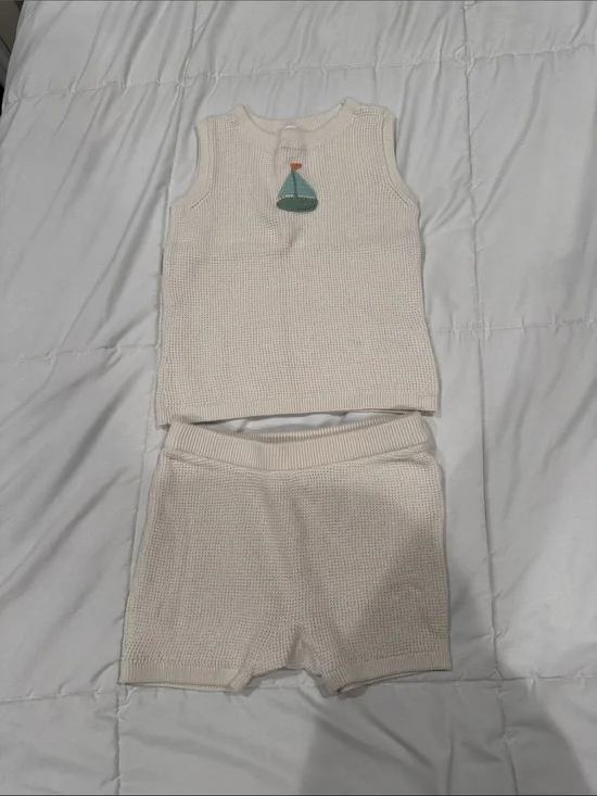 Carter's Cream Knit Tank and Shorts Set with Teal Sailboat