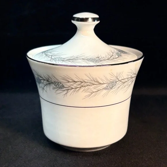 Style House Duchess Fine China Sugar Bowl Lid Japan Pine Cone Silver Trim White