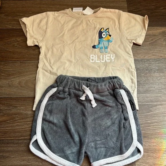 Zara Bluey  2 Piece Set Graphic T-Shirt and Grey Terry Shorts Tan