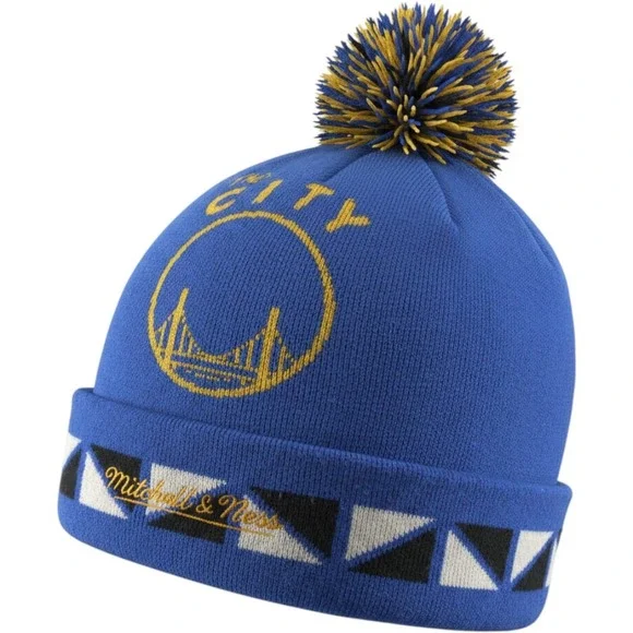 Mitchell & Ness NBA Golden State‎ Warriors Beanie Knit Hat Winter Pom Reversible