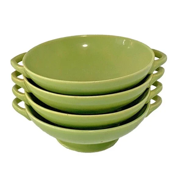 Pacific Pottery Avocado Green Bowl Footed Handles USA ~5.5