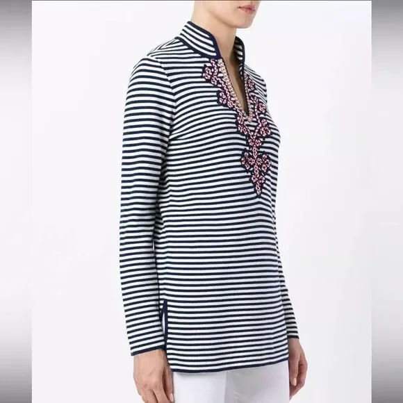Tory Burch Katama Striped Knit Embellished Tunic Top