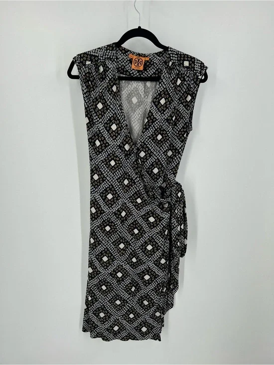 Tory Burch 100% Silk Sleeveless Wrap Dress Geometric EUC Small