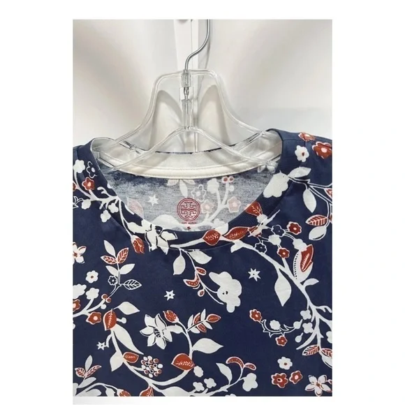 Tory Burch Womens Sz S Blue Floral Print Embroidered Logo Tee T-Shirt Top Blouse