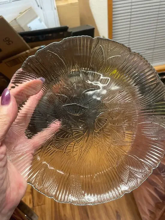 Set of 6 Vintage Clear Floral Pressed Glass Dinner Plates Iris Herringbone MCM
