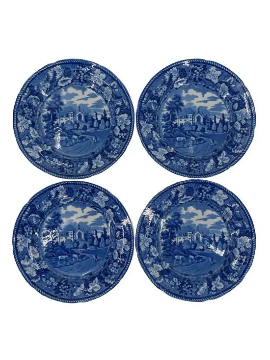 Cashiobury Hertfordshire 4 Plates 8.5in Enoch Wood Sons Blue Transferware Scene