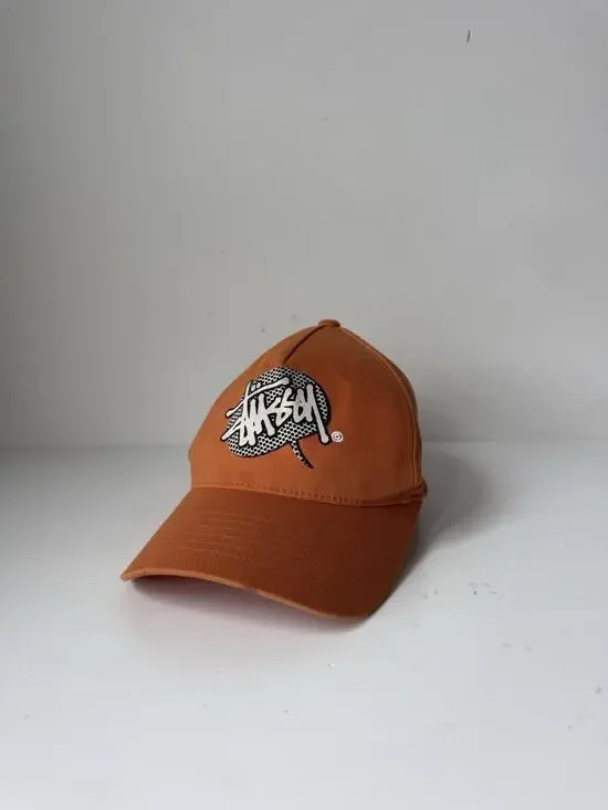 Vintage 90s Stussy Logo Snapback Hat Cap Size L Orange