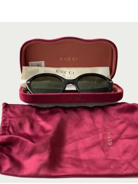 Gucci Black Oval Sunglasses with Burgundy Case and Pouch