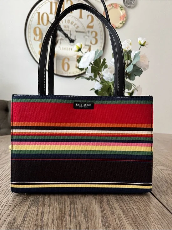 kate spade Vintage Multicolor Striped Canvas Tote with Black Trim
