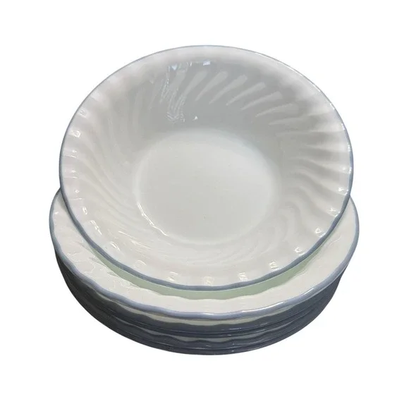 Set of 6 Corelle Corning Pink Trio Bowls Salad Soup Swirl Edge Blue Trim 7.25