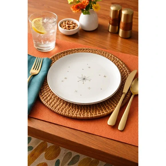Syracuse‎ China Evening Star Dinner Plates Atomic Starburst MCM White Silver Rim