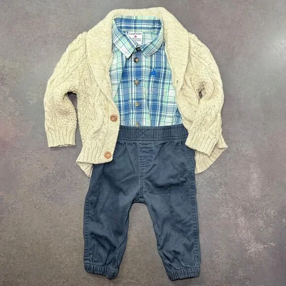 H&M Cardigan Land’n Sea Plaid Bodysuit Shirt Wrangler Pants 3pc Outfit Set 9M