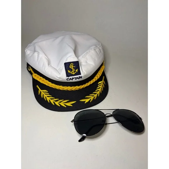 Captain Boat Yacht Costume Cosplay Hat Glasses Adjustable Embroidered Halloween