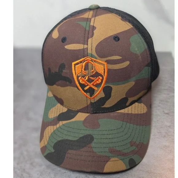 Yupoong The Classics Mens Camo Trucker Hat Orange‎ Shield Logo Snapback Cap