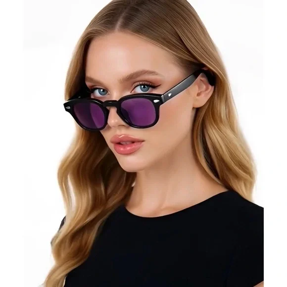 Trendy Round Sunglasses Glossy Black Frame Purple Lens UV400‎ Protection Women