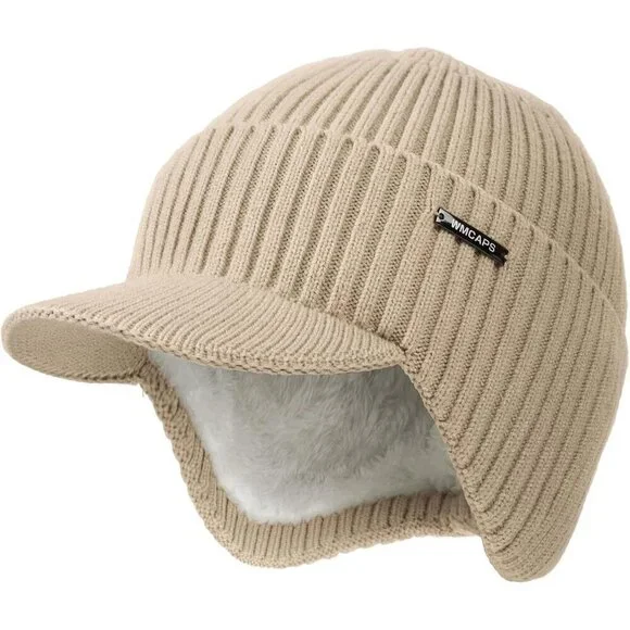 Men's Beige Winter Beanie  Brim And Ear Flaps Outdoor Warm Fleece Lined Knit Hat