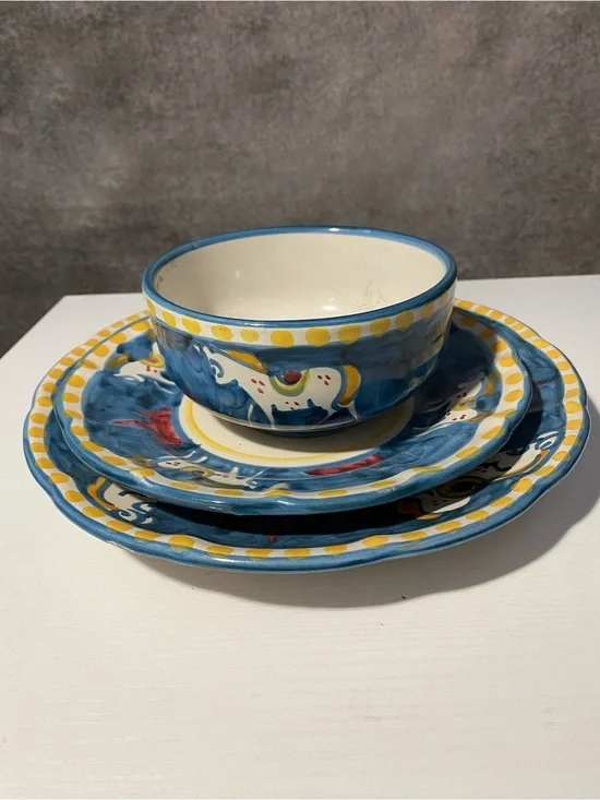 Solimene Vietri Italy Hand Painted Horse Ceramic Place Setting Plate Bowl 3pc⁠