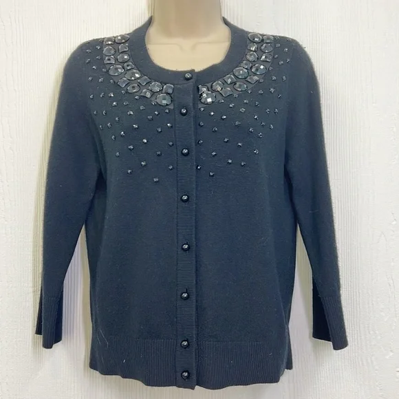 Kate spade - Kati Black Beaded Wool And Cashmere Button Up Cardigan Small