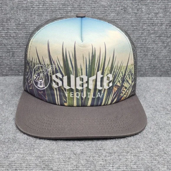 Suerte Tequila Hat Cap Snap Back Mens Foam Front Gray Mesh Trucker Agave Graphic