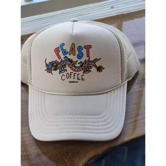 Feast Coffee‎ Redding CA Dragon Trucker Hat Beige Mesh Snapback OTTO Cap