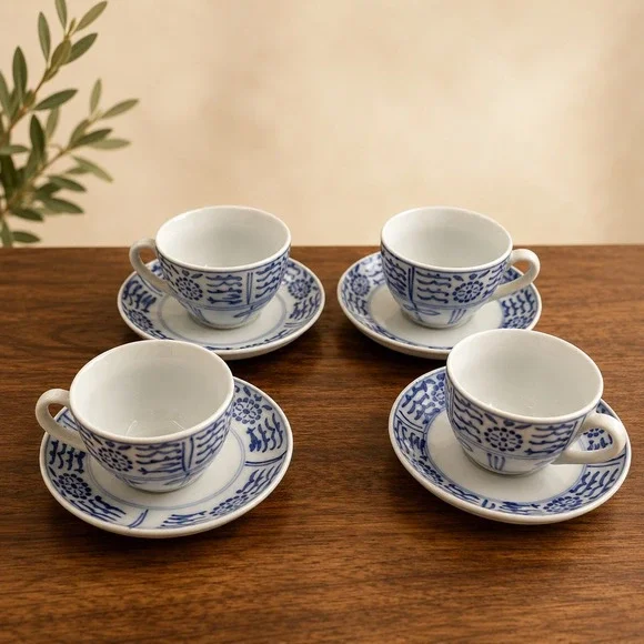 Vtg Blue and White Chinese Porcelain Teacups and Saucers Set of 4 Made in China