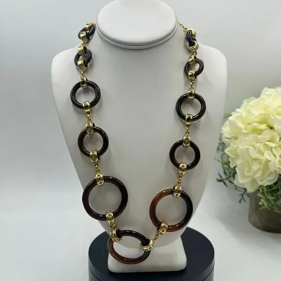 Kate Spade Faux Tortoise Shell Circle Gold Tone Links yellow rhinestone Necklace