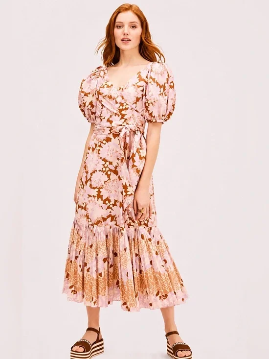 Kate Spade New York Exotic Bloom Poplin Maxi Wrap Dress Floral Puff Sleeve 00