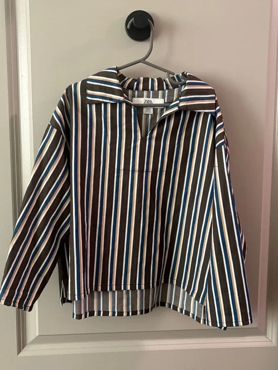 ZARA kids Collared Stripe Top — Navy, Brown & White