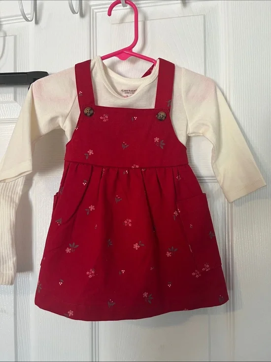 Red Floral Dress with Ivory Long Sleeve Tee