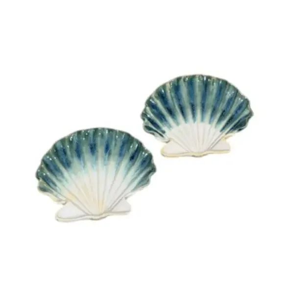 Abigails Italian Pottery Shell Footed Dishes Set of 2 Coastal