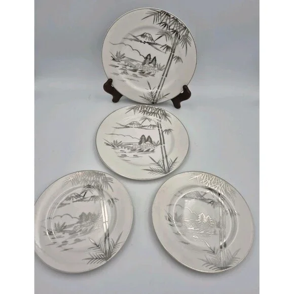 Antique Kutani Japanese China 2 Bread Plates, Mt Fuji Bamboo design 2 Saucers