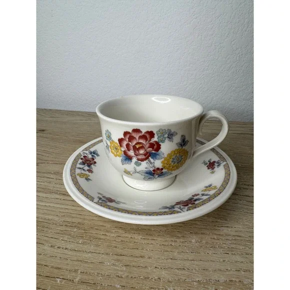 Noritake Versatone Kashmir 9303 Tea Cup and Saucer Set Vintage Floral Stoneware‎