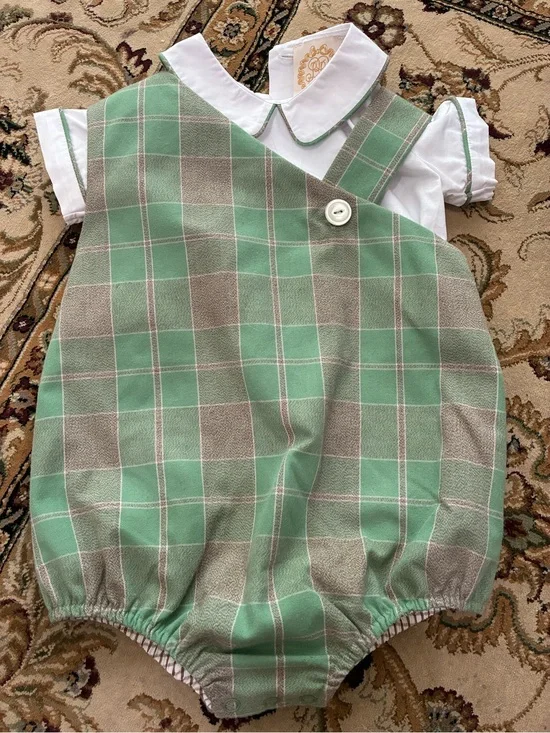 Green Plaid Baby Romper with White Collar