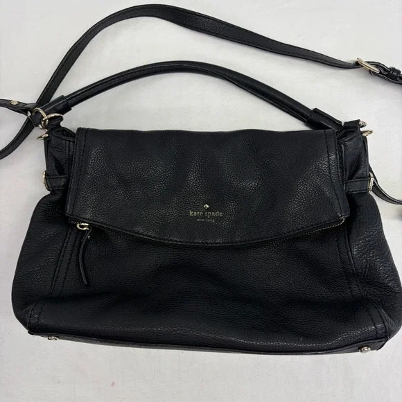 Kate Spade Crossbody Bag Medium Black Pebbled Leather Foldover Satchel Slouchy