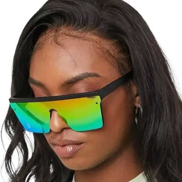 Square Rainbow Mirrored Lens Black Rimless Frame Sunglasses NEW