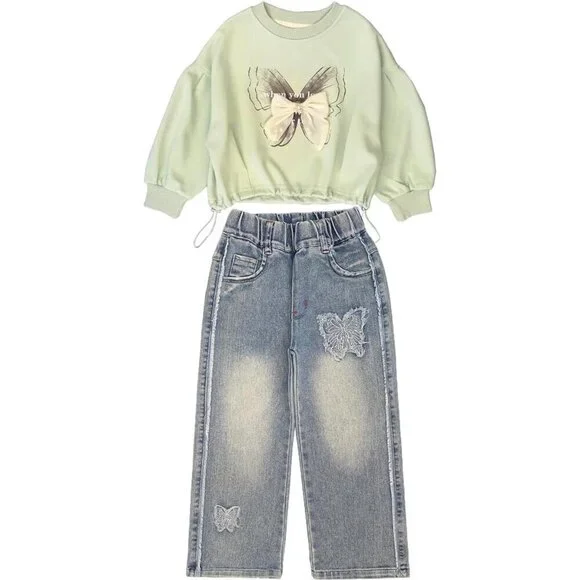 4Y-10Y Spring Fall Little Big Girls T Shirt and Jeans 2pcs Clothing Sets
