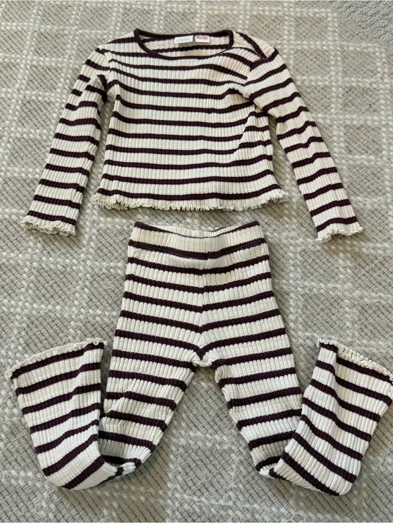 Zara Striped Ribbed Two-Piece Lounge Set - Cream & Dark Burgundy