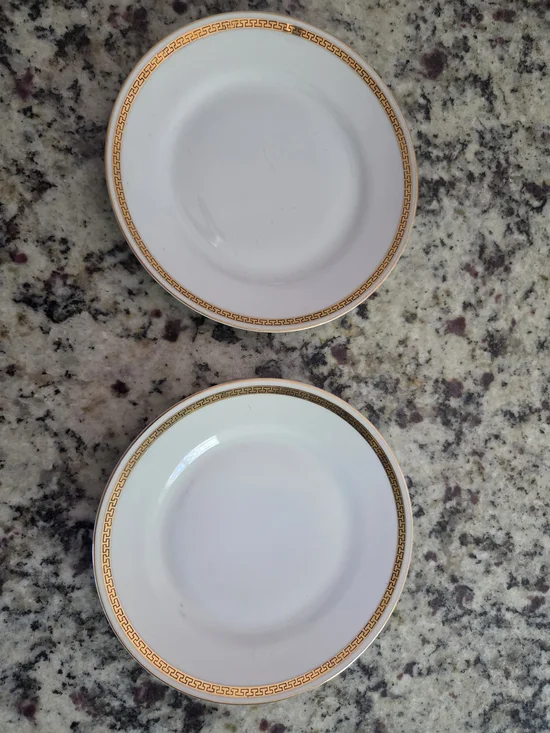 Noritake White Porcelain Saucers with Gold Greek Key Trim
