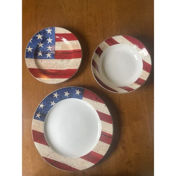 Vintage Warren Kimble Colonial Set Dinner & Salad Plates‎ & Bowl American Flag 2