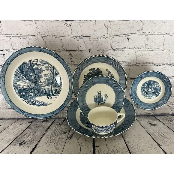 Currier and Ives‎ Six Piece Dinnerware Place Setting Imperial Blue
