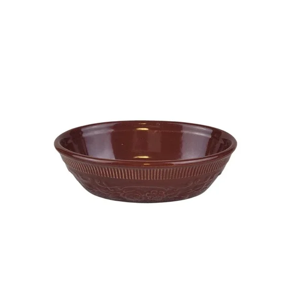 Vintage TST Taylor Smith Taylor‎ Brown Oven Serve Ware Oval Bowl Floral Embossed
