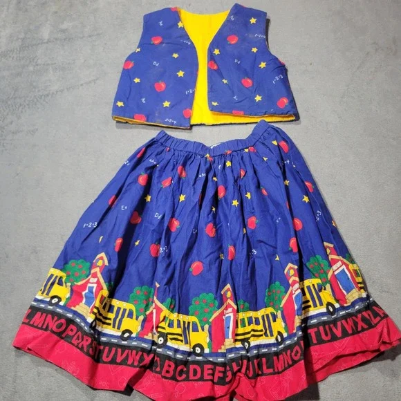Handmade Skirt Vest Girls 8 Blue Yellow School Bus Apple Alphabet Back to School