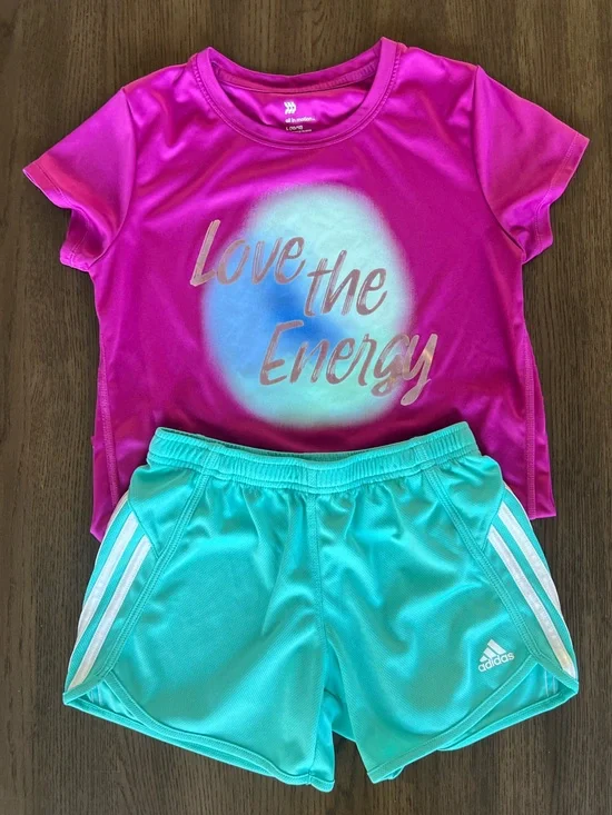 Girls Outfit: Aqua Adidas Shorts and Pink In Motion Top