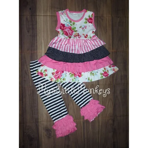 Boutique Floral Tiered Ruffle Tunic Dress & Ruffle Leggings Outfit Set